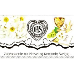 Zaproszenie na Pierwszą Komunię Świętą białe JHS kielich ZS KOM 26045 POL-MAK